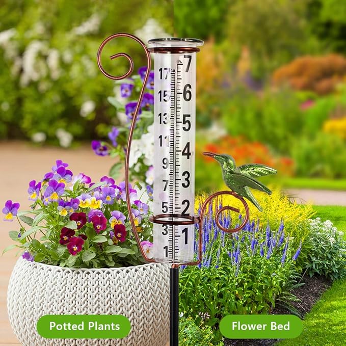 Rain Gauge Outdoor,Hummingbird Rain Gauges,Glass Decorative Rain Guage with Metal Stake for Garden Yard Lawn Decor