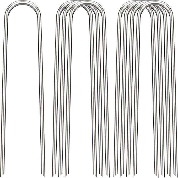 FAAYUCK 12 Inch Landscape Staples, 12/25/50/100 Pack Galvanized Garden Stakes, 8 Gauge Heavy Duty U-Shaped Ground Stakes for Weed Barrier Fabric, Irrigation Tubing, Fence, Outdoor Decorations