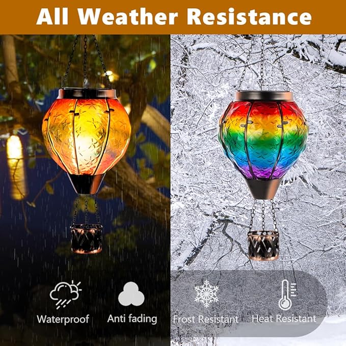 DREAMSOUL 2 PCS Rainbow Solar Hot Air Balloon Lantern with Flame, Metal & Glass Solar Lanterns Outdoor Waterproof for Lawn Patio Tree Decor
