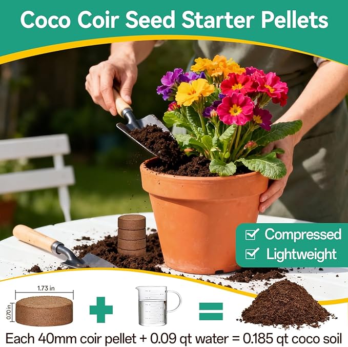 ZeeDix 50pcs(40mm) Coco Coir Pellets Potting Soil Indoor Plants, Compressed Coconut Coir Soil Pellets Seed Starting Pellets Soil Discs for Planting Flowers Bonsai Herbs Plants and Vegetables
