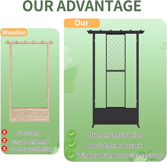 Raised Garden Bed with Trellis & Hanging Roof, Weatherproof Metal Planter Box with Wheels, Garden Arch Trellis for Outdoor Climbing Plants Vines Flowers, 74" H x 44" L x 17" W, Black
