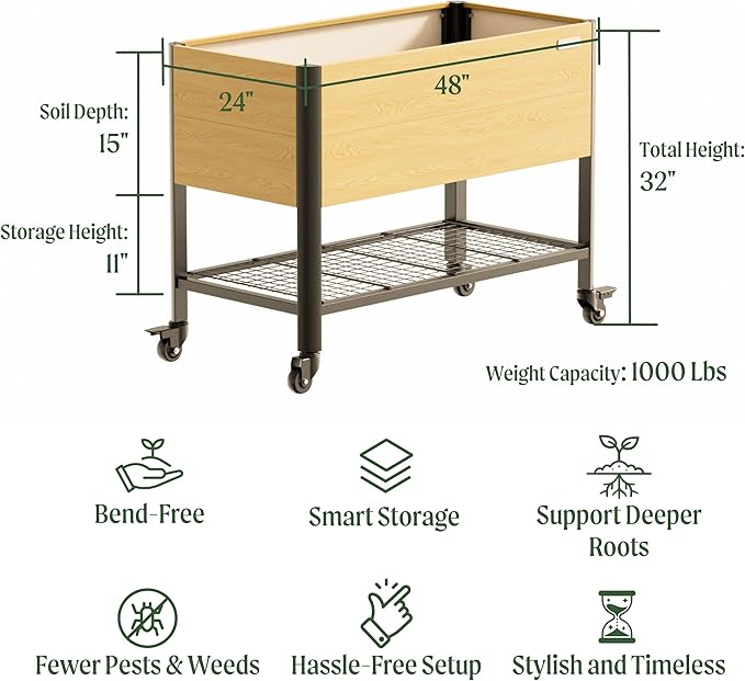 Rolling Elevated Garden Bed, 2' x 4' Metal Woodgrain Elevated Outdoor Planters Boxes with Legs & Storage Rack for Patio, 1000 lbs Weight Capacity, Raised Beds for Gardening Herb Flowers Vegetables