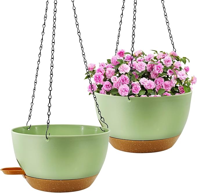 12 inch Hanging Planters for Indoor Plants, 2 Pack Self-Watering Hanging Planter Pots with Chain and Drainage Holes, Outdoor Plastic Hanging Baskets for Garden Home Decor