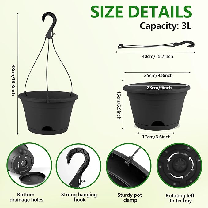 4 Pack Hanging Planters, 10 Inch Hanging Plant Pot with Hanger Chain & Drainage Trays, Hanging Baskets for Plants Outdoor Indoor, Flowers Pots for Home, Garden, Porch Decor (Black)