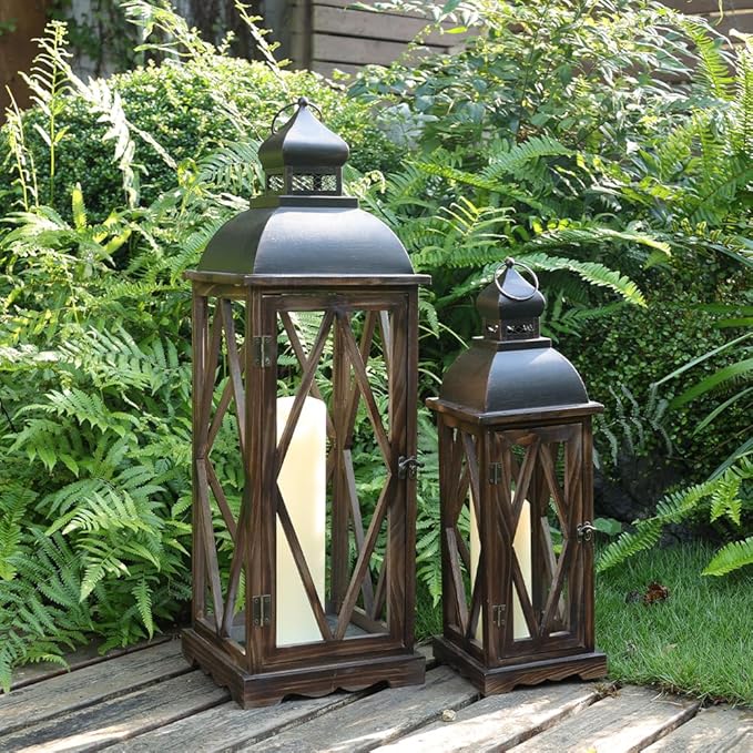 DECORKEY Large Farmhouse Wooden Metal Lantern Set of 2, 30''/22'' H Rustic Decorative Indoor & Outdoor Hanging Candle Lanterns, Wooden Outdoor Lanterns for Patio Front Porch Table, Brown