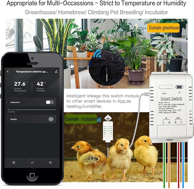 WiFi Temp-Humidity Controller Sensor Module Wireless Remote Control with Energy Consumption Monitoring, for Greenhouse, Homebrew, Climbing Pet Breeding, Incubator, Alexa Voice