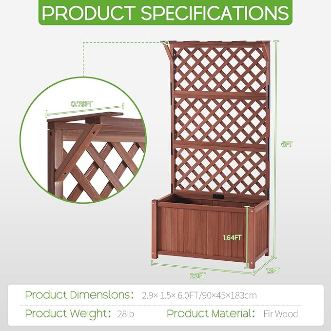 SPECRAFT Wood Planter with Trellis, 35.4x17.7x72 Inch Raised Garden Bed, 1.6Ft Deep Large Planter Box for Outdoor Gardening, Vegetables, and Climbing Plants