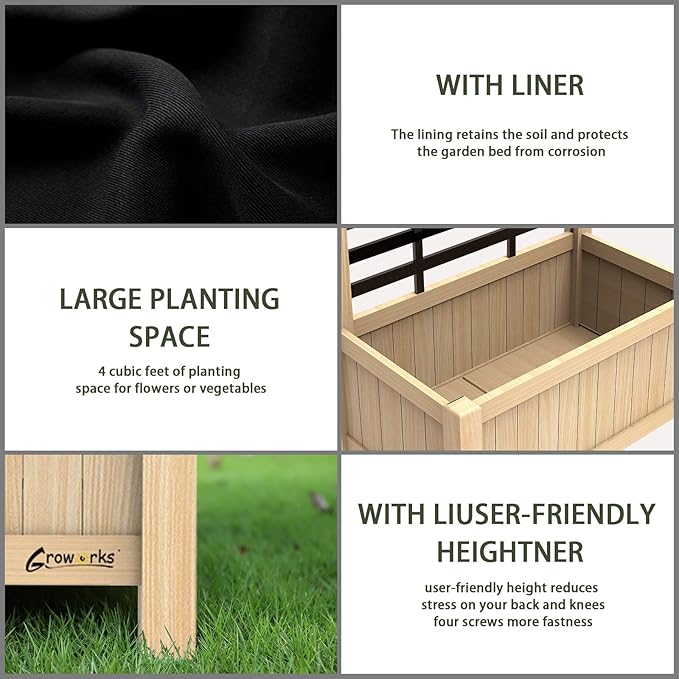 Raised Garden Bed Outdoor, Cedar Wooden Planter Boxes with Trellis, 17.7”L x 16.1”W x 27.6”H Raised Planter Box with Legs for Backyard, Patio, Balcony with Bed Liner (Natural)