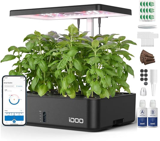 iDOO Hydroponics Growing System Kit 12Pods, Christmas Gifts for Women Mom, Herb Garden Indoor with LED Grow Light for Home, Built-in Fan, Auto-Timer, Adjustable Height Up to 11.3", 12Pods WiFi-Black