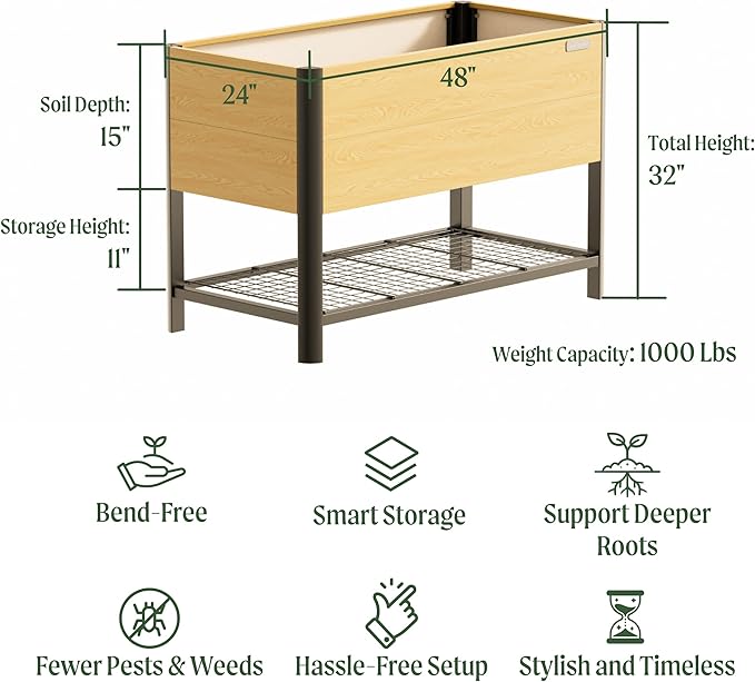 Raised Garden Bed with Legs, 2' x 4' Metal Woodgrain Elevated Outdoor Planters Boxes with Storage Rack for Patio, 1000 lbs Weight Capacity, Raised Beds for Gardening Herb Flowers Vegetables