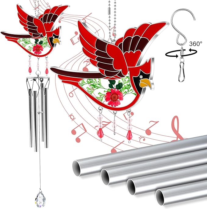 KY&BOSAM Cardinal Wind Chime for Outside Stained Glass Sympathy Wind Chimes Memorial Wind Chime for Loss of Loved One Mother Father Condolence Remembrance,Sympathy Gift Home Outdoor Garden Patio Decor