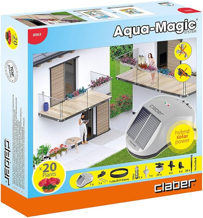 Claber Aqua Magic Solar Drip Irrigation System - Automatic Solar Watering for Up to 20 Outdoor Plants, No Faucet Required
