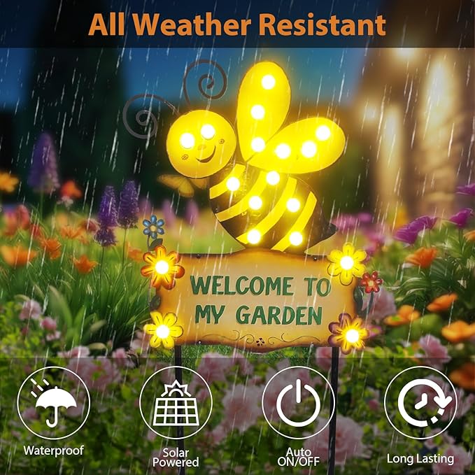 Large Yard Stakes 44.8" with Welcome to My Garden Sign, Solar Garden Lights Outdoor for Summer Decorations, Waterproof Metal Bee Decorative Yard Stakes