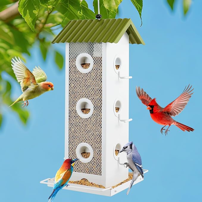 All Metal Bird Feeder for Outdoors Hanging | 14-Port Multi-Bird Viewing | Premium Finish, Waterproof & Easy-Clean | Attracts Cardinals, Finches, Chickadees & More (Crisp White & Green)
