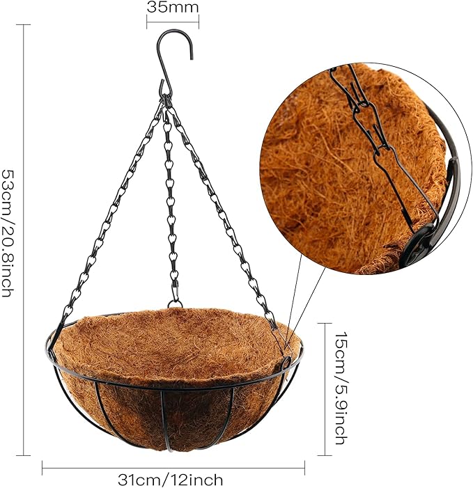 Lainrrew 2 Pack 12" Metal Hanging Planter Basket with Coco Liner, Round Wire Plant Holder Flower Pots Hanger Watering Hanging Flower Baskets Porch Decor for Indoor Outdoor Garden
