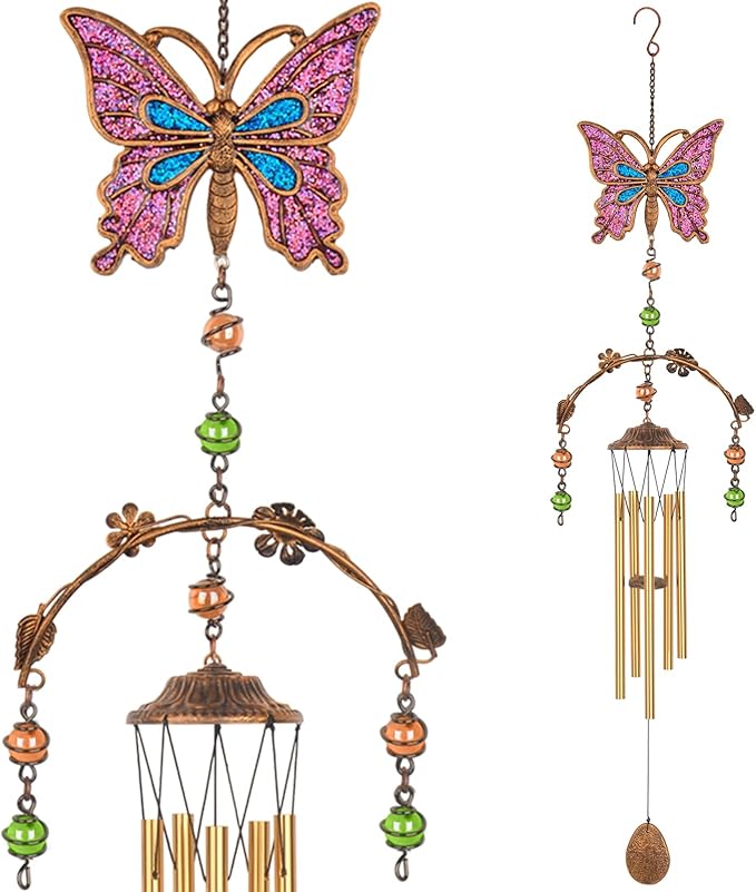 Pink Butterfly Wind Chimes - Wind Chimes for Outside Deep Tone 34 inches 5 Aluminum Tubes, Thanksgiving, Christmas, Birthday Gifts for Mom, Grandma, Daughter, Decor for Home, Garden, Patio, Backyard
