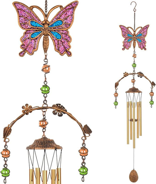 Pink Butterfly Wind Chimes - Wind Chimes for Outside Deep Tone 34 inches 5 Aluminum Tubes, Thanksgiving, Christmas, Birthday Gifts for Mom, Grandma, Daughter, Decor for Home, Garden, Patio, Backyard