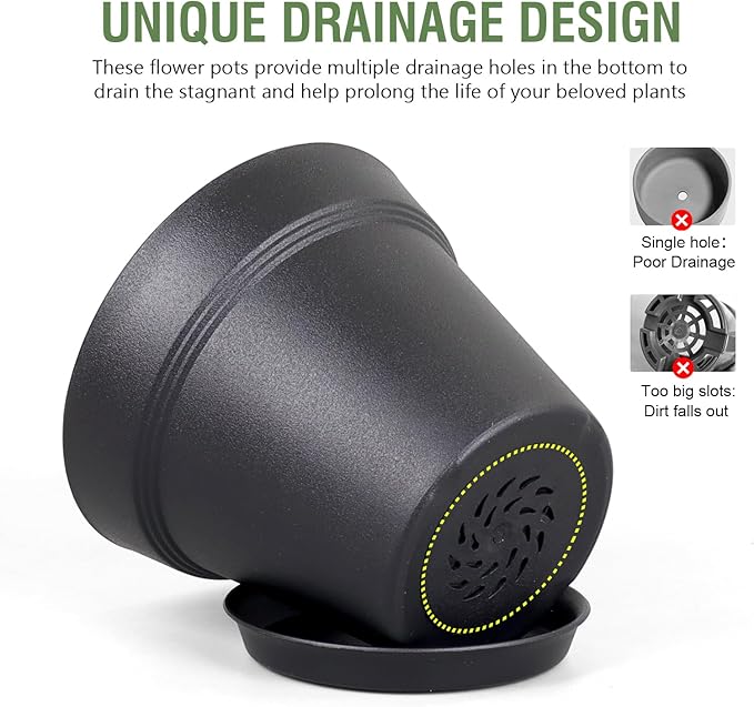 4 inch Small Plastic Nursery Pots, 16 Pack Plant Pots for Indoor Outdoor Plants, Flower Pots with Drainage Holes and Saucers, Decorative Seedling Starter Planters for House Plants, Black