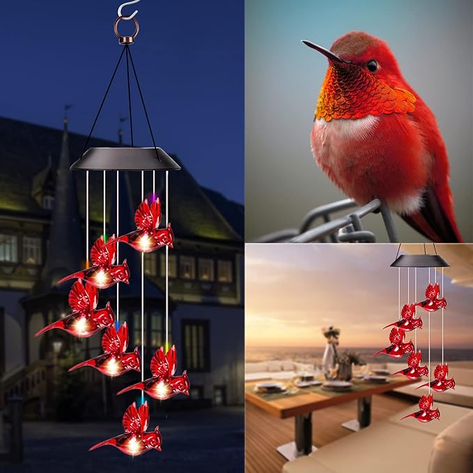 Solar Wind Chimes Cardinal Bird,Solar Cardinal Red Bird Wind Chime Light, with 6 Vivid Hummingbirds Multicolor Led Light，Holidays, Courtyards, Decorations As Gifts… (Cardinal)