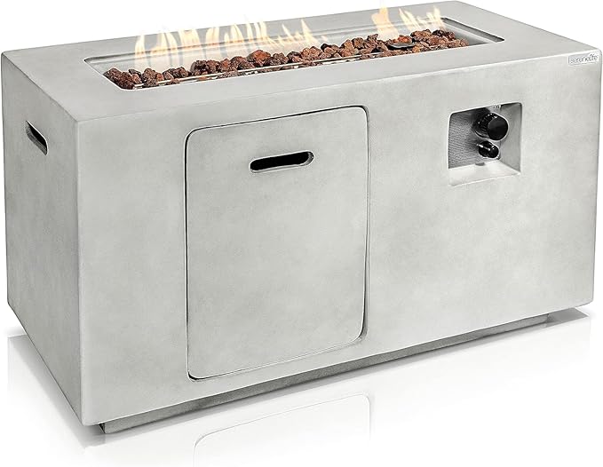 SereneLife Concrete Outdoor Propane Fire Pit Table - CSA/ETL Certified Safe 50,000BTU Pulse Ignition Weatherproof Square Propane Gas Fire Table - Adjustable Flame, Thermocouple - PVC Cover