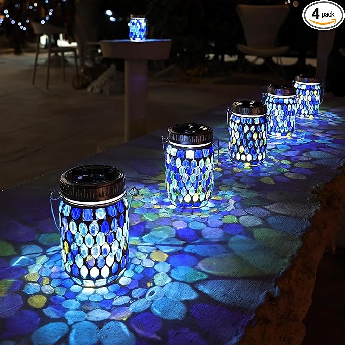Cooo 4 Pack Mosaic Lanterns Outdoor Waterproof with 215% Larger Solar Panel, Never Rust Lids, True Capacity Battery- Solar Mason Mosaics Jar Lantern for Patio Garden Yard Balcony Christmas Decorations