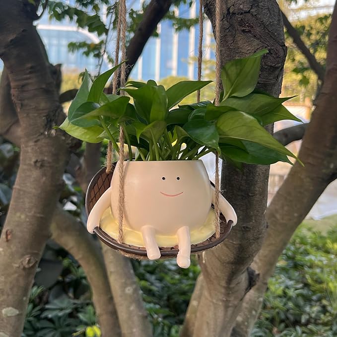 NINIPAPA Hanging Swing Chair Planter Pot Smile Face Plant Pot for Indoor Outdoor Plants Cute Head Flower Pots for Succulent String of Pearls Unique Gift on Mother's Day, Birthday, Christmas