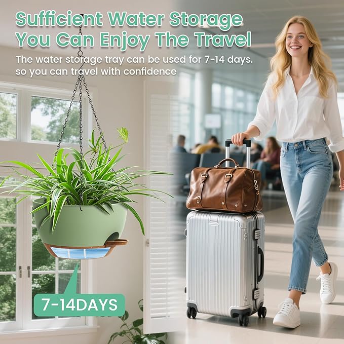 Set of 3-10 Inch Self Watering Hanging Planters for Indoor & Outdoor，Hanging Plant Pots with Drainage & Removable Tray, Modern Hanging Pots Holder for Ivy, Ferns, Balcony & Patio, Green and Brown