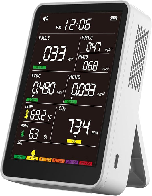 Professional Indoor Air Quality Monitor with AQI, Portable Real-Time Detector for Home Cars Plants and Pets (White)
