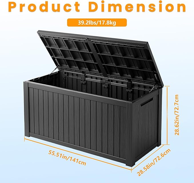 200 Gallon Lockable Resin Outdoor Storage Box, Waterproof & Weather Resistant Deck Box for Patio Cushion, Garden Tools & Pool Accessories, Black