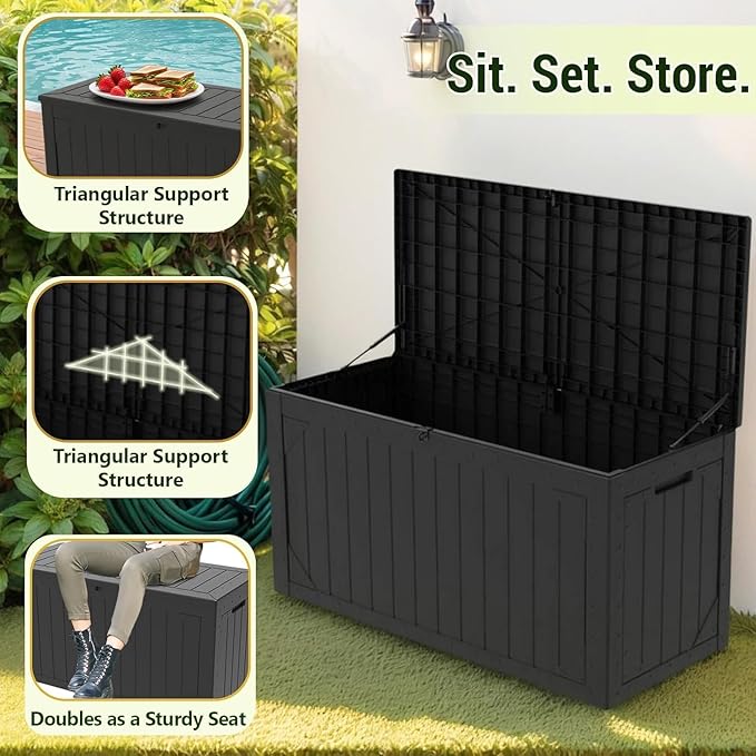Yardgrace 110 Gallon Resin Deck Box Waterproof Outdoor Storage Box for Patio Furniture Pool Accessories Indoor Storage for Cushion Garden Tools, Black
