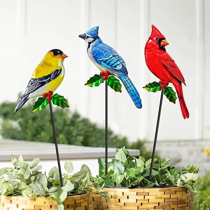 WAIU Metal Birds Garden Stakes 3 Pack Outdoor Lawn Ornaments, Garden Decor, Outside Decorations for Yard