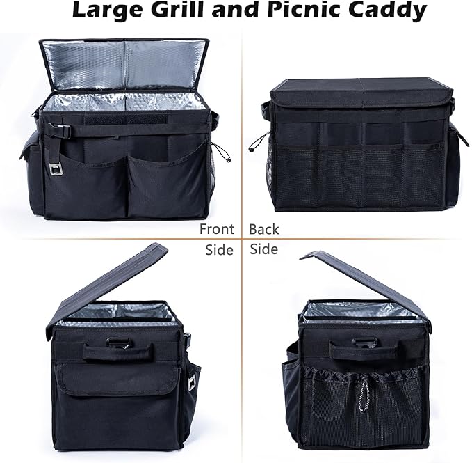 FRECOLSH Large Grill Caddy with Lid – BBQ Organizer for Camping, Tailgating, RV, Boating – Grilling Gifts for Men – Collapsible Griddle Tote Bag with Shoulder Strap – Outdoor Essentials