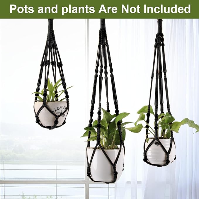3-Pack Macrame Plant Hanger Indoor - Hanging Planter Basket for Indoor Outdoor - Decorative Boho Plant Holders Set with Beads - Ceiling Flower Pot Holder with 6 Hooks - 35"/30"/24" Black