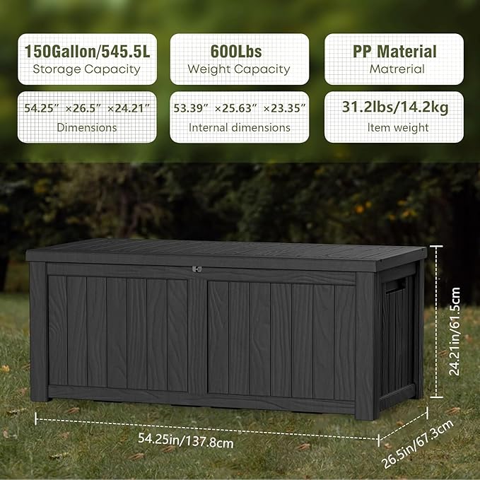 150 Gallon Lockable Resin Outdoor Storage Box, Waterproof & Weather Resistant Deck Box for Patio Cushion, Garden Tools & Pool Accessories, Black