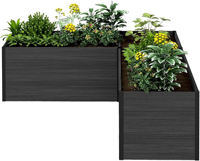 Modular Raised Garden Bed - Expandable Design with Composite Panels & Aluminum Frame - Perfect for Flowers, Vegetables, Herbs - Outdoor Planter Cuboid Box for Patio, Balcony, Backyard (Black)