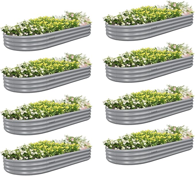 8 Pack 8x4x1FT Galvanized Raised Garden Bed Kit Oval Metal Ground Planter Box Outdoor Bottomless Planter Raised Beds for Vegetables Flowers Herbs Fruits, Gray