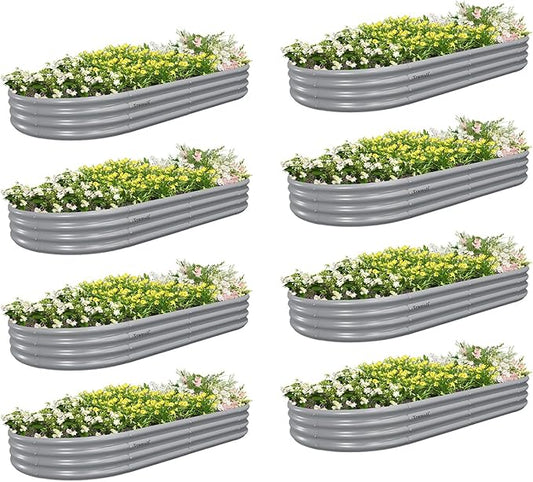8 Pack 8x4x1FT Galvanized Raised Garden Bed Kit Oval Metal Ground Planter Box Outdoor Bottomless Planter Raised Beds for Vegetables Flowers Herbs Fruits, Gray