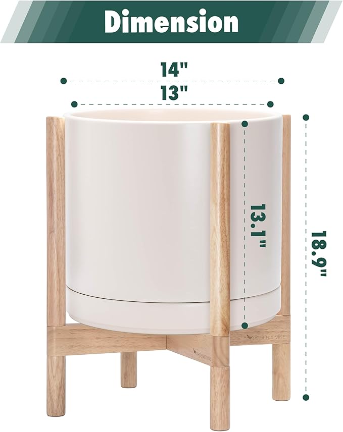 D'vine Dev Ceramic Planter with Natural Stand - 14 Inch Modern Round Flower Pot with Wood Planter Holder, Oatmeal, 55-B-R-8