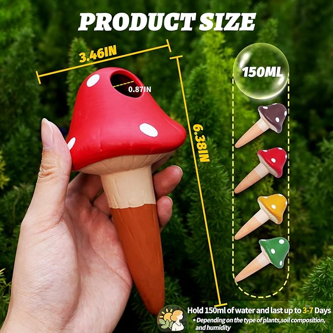 Terracotta Self Watering Spikes, 4 Pack Mushroom Self Watering Planter Insert, Vacation Plant Slow Release Watering Devices for Indoor Outdoor Plants, Colorful Large Water Globes