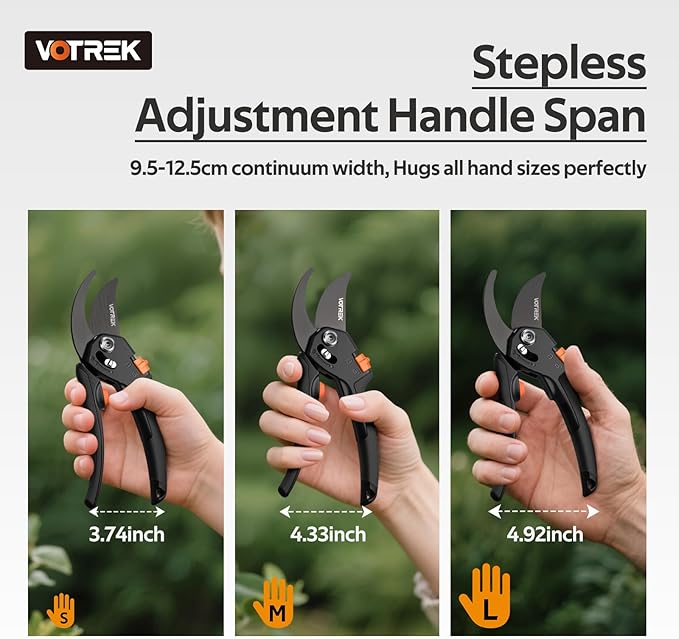VOTREK Pruning Shears for Gardening, [Patented Stepless Handle Opening] - Plant Scissors with Ultra-Sharp SK5 Steel for Weak Hand, Universal Fit for All Hand Sizes, Effortlessly Cuts 1-Inch Branches
