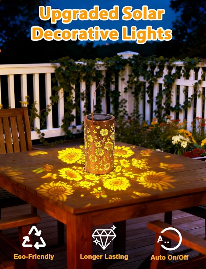 Sunflower Solar Lanterns Outdoor Waterproof, Metal Lantern Garden Lights with Color Projection, Garden Decor Gifts for Mom Women Mother Grandma, Hanging Solar Lights for Yard Porch Patio (Sunflower)