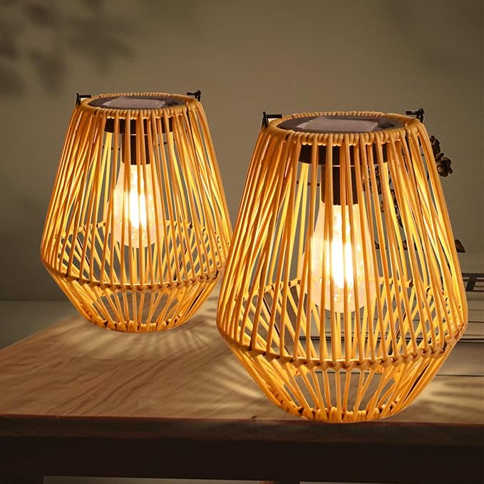 2 Pack Hanging Solar Lanterns Outdoor Waterproof, Rattan Lanterns Hanging Solar Lights, Outdoor Lamp Decorations for Yard Garden Pathway Porch Patio Outside Decor
