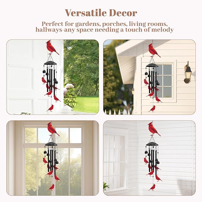 Cardinal Wind Chimes for Outside, Black Metal Windchimes Outdoors, Cardinals Gifts for Women/Men, Garden/Yard Decor, Memorial/Birthday Gifts for Grandma/Mom, Durable Chimes for Outdoors