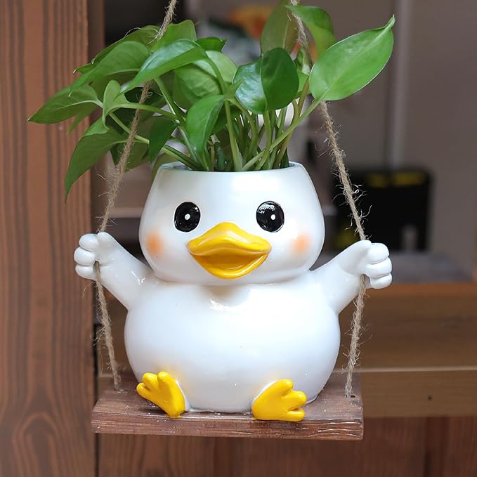 Swing Duck Hanging Planters for Indoor Plants, Cute Succulent Pots with Drainage Hole, Unique Resin Plant Hangers Garden Outdoor Decor, Hanging Plant Holder for String Of Pearls, Gift Ideas for Mother