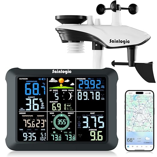 Sainlogic WiFi Smart Weather Station SA9 with 24H/ 7Days Accurate Weather Forecast by Weatherseed® AI, 8.5" Large Display,UV,Sun Light,Rain Gauge,Wind Gauge,2-Year Data Storage & Export（Only 2.4G）