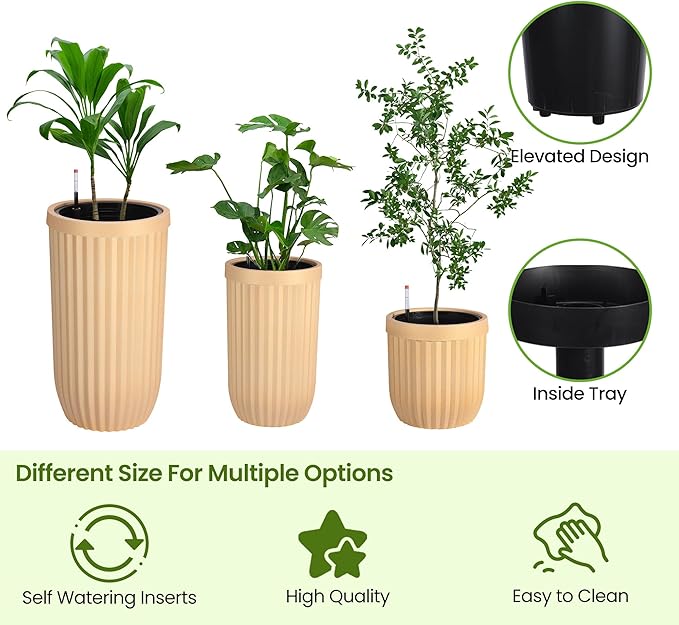 31" Tall Planters, Large Indoor & Outdoor Self-Watering Flower Pots with Drainage, Water Level Monitor & Wheels, Planters for Patio, Porch, Living Room, Home Office