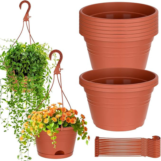 Roshtia 10 Pcs 10 Inch Hanging Baskets for Plants Large Plastic Hanging Basket Pots with Drainage Trays Self Watering Planter Pots for Outdoor Indoor Plants Flowers Garden Balcony (Brown)