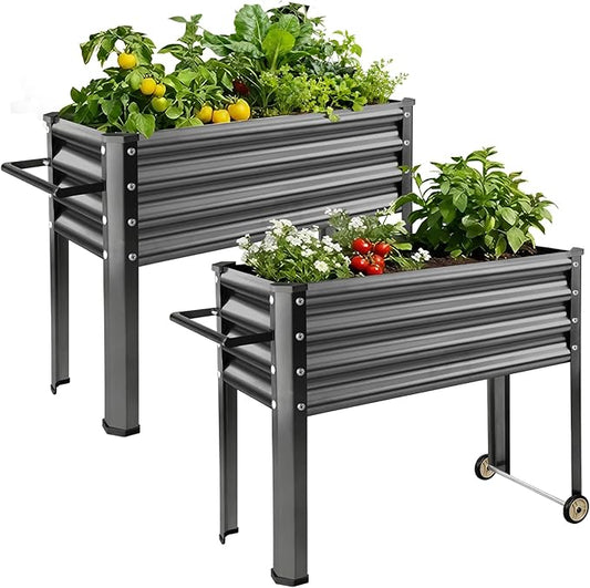 Land Guard 2 Pack Galvanized Raised Garden Bed with Legs & Wheels, 36×12×32in Metal Elevated Raised Planter Box for Backyard, Patio, Balcony, 300lb Capacity, Dark Grey