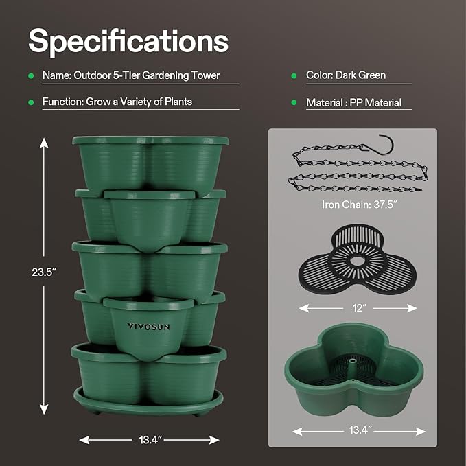 VIVOSUN 5 Tier Vertical Gardening Stackable Planter for Strawberries, Flowers, Herbs, Vegetables, Dark Green