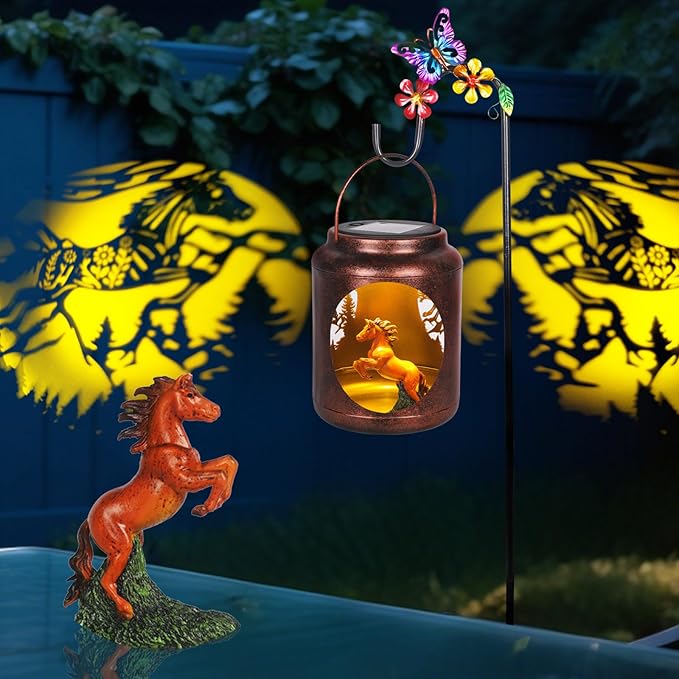 Solar Lanterns Outdoor Waterproof Metal Horse Patterns with Resin Horse Inside Garden Decor Gifts for Women Mom Grandma Hanging Solar Lights Decoration Outside for Yard, Patio, Backyard, Porch